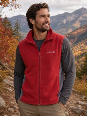 Columbia Burgundy Fleece Jacket with Gray Trim Men’s Size Large